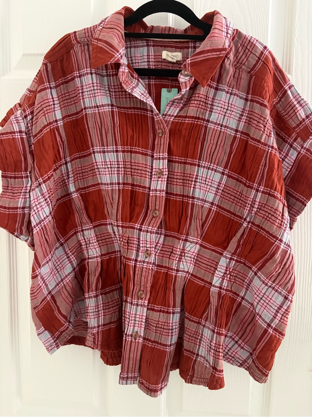 Pilcro Pink and Red Plaid Button-Up Shirt